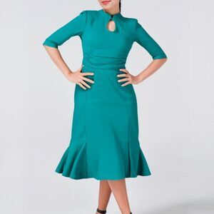 Chic Teal Retro Fit + Flare Midi Dress Keyhole Modest Elegant Comfortable Size L